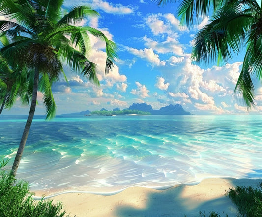 A tropical beach scene with clear turquoise water, white sand, and palm trees under a blue sky with scattered clouds. An island is visible in the distance—a perfect Summer Beach Tropical Coconut Palm Backdrop -ideasbackdrop for any serene setting by ideasbackdrop.