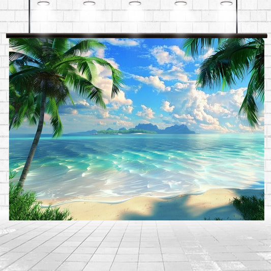 Summer Beach Tropical Coconut Palm Backdrop -ideasbackdrop featuring a tropical beach with palm trees, clear blue water, and distant islands under a partly cloudy sky, set against a white tiled floor—ideal for stunning beach photography.