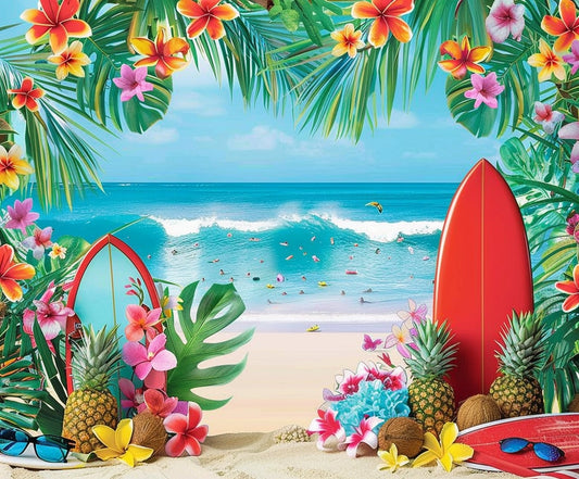 Tropical beach scene with surfboards, flowers, pineapples, and ocean waves creates the perfect Summer Flower Tropical Beach Photo Background -ideasbackdrop.