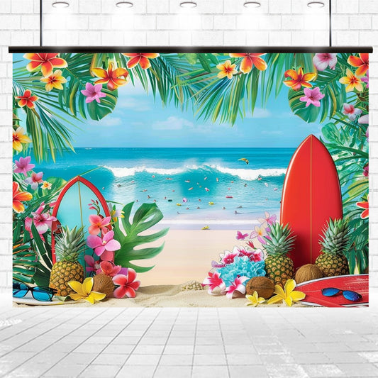 A vibrant beach scene with surfboards, tropical fruits, and flowers in the foreground is set against a backdrop of ocean waves and a clear blue sky, perfect for photographers seeking a Summer Flower Tropical Beach Photo Background -ideasbackdrop by ideasbackdrop.