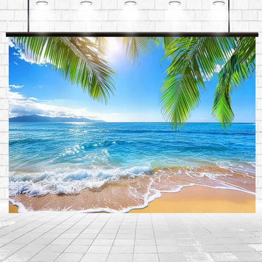 A large beach mural decorates a white brick wall, featuring a sunny tropical scene with blue ocean waves, sandy shore, and palm leaves overhead, perfect for adding seaside serenity to any space. This Summer Hawaii Palm Trees Aloha Beach Backdrop - ideasbackdrop by ideasbackdrop is ideal for professional shoots.