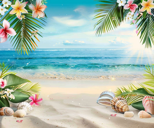 A sandy beach with seashells, tropical flowers, and green leaves in the foreground, set against a backdrop of a calm blue sea and a clear sky, is rendered in lifelike clarity and high-definition quality by the Summer Hawaiian Aloha Photography Background from ideasbackdrop.