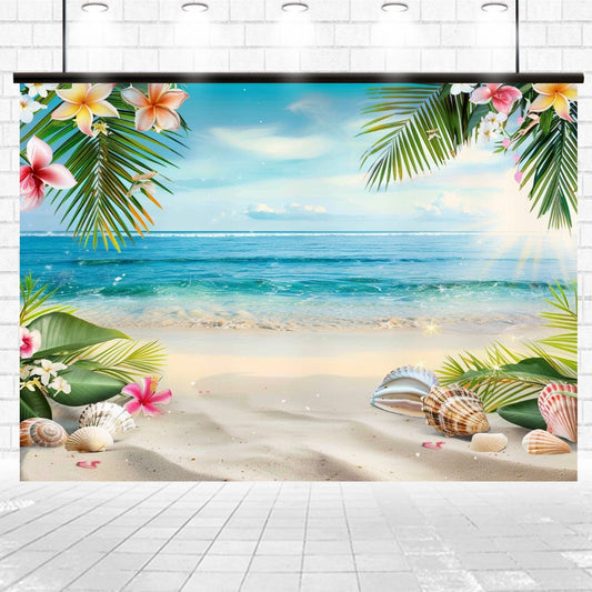 A vibrant beach scene is displayed with lifelike clarity and detail, featuring an ocean view, shells, and tropical flowers in the foreground. Clear blue skies stretch across the background. This Summer Hawaiian Aloha Photography Background - ideasbackdrop is printed against a brick wall.