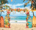 A tropical beach scene with an arch decorated with flowers and surfboards, flanked by palm trees strung with lights. The ocean and a blue sky serve as the perfect HD vivid Summer Hawaiian Beach Photography Backdrop-ideasbackdrop, ideal for product photography.