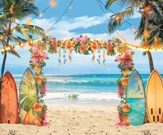 A tropical beach scene with an arch decorated with flowers and surfboards, flanked by palm trees strung with lights. The ocean and a blue sky serve as the perfect HD vivid Summer Hawaiian Beach Photography Backdrop-ideasbackdrop, ideal for product photography.