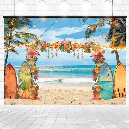 A tropical paradise with an archway decorated with flowers and hanging ornaments. Three surfboards stand to the left and right, framed by palm trees and string lights in the background by the ocean. Perfect for product photography, this HD vivid beach backdrop captures every detail beautifully. 

Product Name: Summer Hawaiian Beach Photography Backdrop-ideasbackdrop
Brand Name: ideasbackdrop