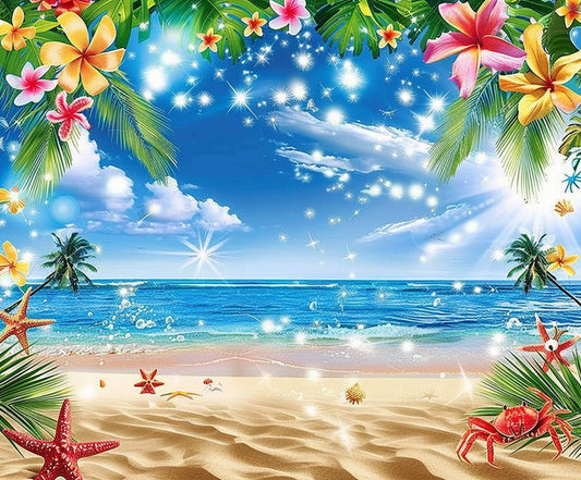 A pristine beach scene featuring palm trees, colorful flowers, sea stars, a bright blue sky, and sparkling waves—a perfect Summer Hawaiian Tropical Beach Backdrop -ideasbackdrop for photography.