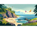Illustration of a coastal paradise with a sandy beach, rocky cliffs, trees, and colorful kites flying in a clear sky over the water. Snow-capped mountain peaks are visible in the background, brought to life with high-definition detail for an HD vivid beach backdrop feel. This is perfectly encapsulated in the Summer River Pine Trees Beach Backdrop -ideasbackdrop by ideasbackdrop.