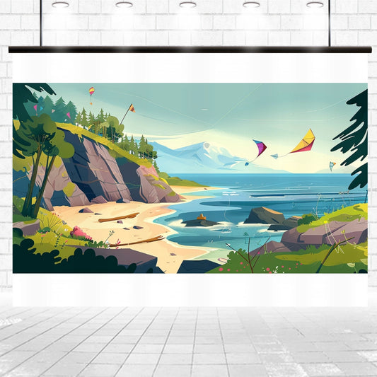 Colorful painting of a coastal scene with cliffs, sandy beach, ocean waves, and kites flying in the sky. A forest and mountains are in the background, rendered with high-definition detail. Summer River Pine Trees Beach Backdrop -ideasbackdrop by ideasbackdrop.