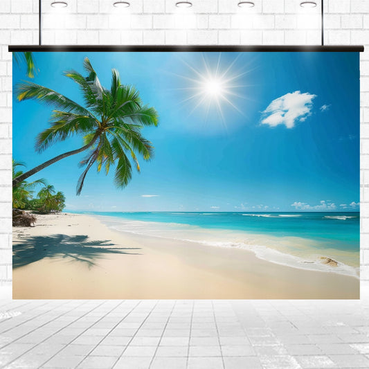 A sunlit tropical beach with clear blue skies, a palm tree, white sand, and gentle waves is captured in lifelike detail. The Summer Seaside Tropical Sand Beach Backdrop -ideasbackdrop is displayed on a screen with a brick wall and tiled floor in the foreground.