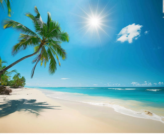 The sandy beach with clear blue water features palm trees lining the shore under a bright sun in a clear blue sky, creating an HD vivid beach backdrop perfect for lifelike beach scene photography featuring the Summer Seaside Tropical Sand Beach Backdrop - ideasbackdrop by ideasbackdrop.