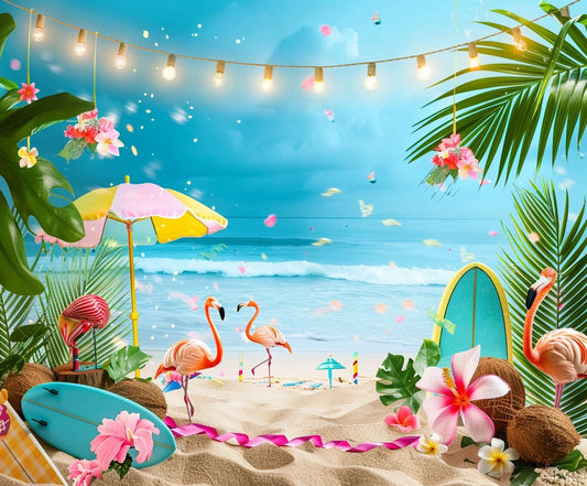 Experience a lifelike coastal scene with surfboards, flamingos, tropical flowers, palm leaves, and string lights. The Summer Tropical Flamingo Beach Backdrop -ideasbackdrop showcases the ocean and sky in the background. An umbrella shades a chair resting on the sand for a perfect beach day.