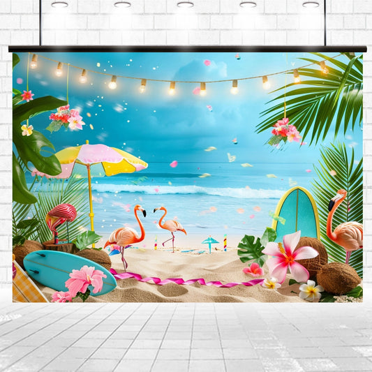 A beach scene with lifelike coastal elements: flamingos, surfboards, tropical flowers, palm leaves, and hanging lights. The background showcases a vivid blue sky and ocean waves, creating the perfect Summer Tropical Flamingo Beach Backdrop -ideasbackdrop by ideasbackdrop.