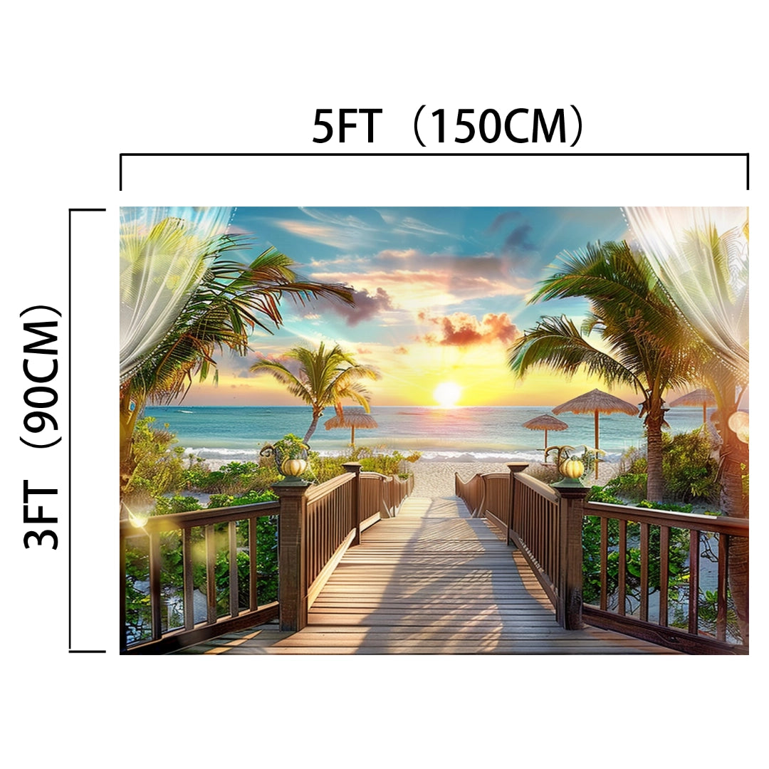 A 5ft by 3ft (150cm by 90cm) HD Vivid Beach Backdrop featuring lifelike imagery of a tropical beach scene with a wooden pathway, palm trees, and a sunset over the ocean. This versatile photography backdrop is perfect for creating stunning visual experiences. Introducing the Summer Beach Backdrop Blue Sky Ocean from ideasbackdrop.