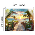 A scenic view of a wooden boardwalk leading to a beach with a sunset over the ocean, surrounded by palm trees and beach umbrellas. The Summer Beach Backdrop Blue Sky Ocean -ideasbackdrop dimensions of 5 feet by 6 feet (150 cm by 180 cm) are shown, providing lifelike imagery for versatile photography.
