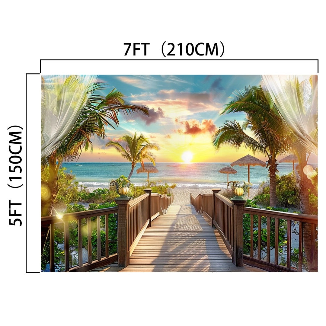 A tropical beach sunset view with palm trees and a wooden pathway leading to the beach. This Summer Beach Backdrop Blue Sky Ocean -ideasbackdrop by ideasbackdrop measures 7 feet in width and 5 feet in height (210 cm by 150 cm), offering lifelike imagery perfect for creating a versatile photography backdrop.