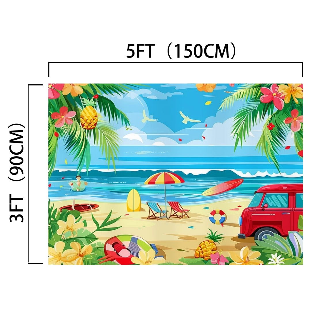 A brightly colored tropical beach scene illustration showing a 5ft by 3ft HD vivid beach backdrop. Features include palm trees, flowers, a red vehicle, surfboards, and birds flying over the ocean. Ideal for creating stunning photography backdrops with high definition detail. The **Summer Beach Backdrop Hawaiian Tropical -ideasbackdrop** by **ideasbackdrop** is perfect for your needs.
