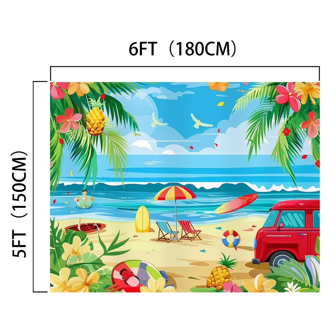 Illustration of a tropical beach scene with palm trees, flowers, surfboards, a beach umbrella, and a red van. The Summer Beach Backdrop Hawaiian Tropical -ideasbackdrop by ideasbackdrop contains dimensions of 6ft (180cm) by 5ft (150cm), perfect for use as a high definition photography backdrop.