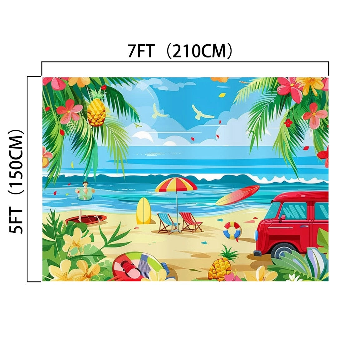 Illustration of a beach scene with a red van, surfboards, beach chairs, umbrella, and tropical plants, presented as an HD vivid Summer Beach Backdrop Hawaiian Tropical -ideasbackdrop. Dimensions: 7 feet (210 cm) by 5 feet (150 cm). Perfect for creating a stunning high definition beach backdrop for photography sessions. Brand: ideasbackdrop.