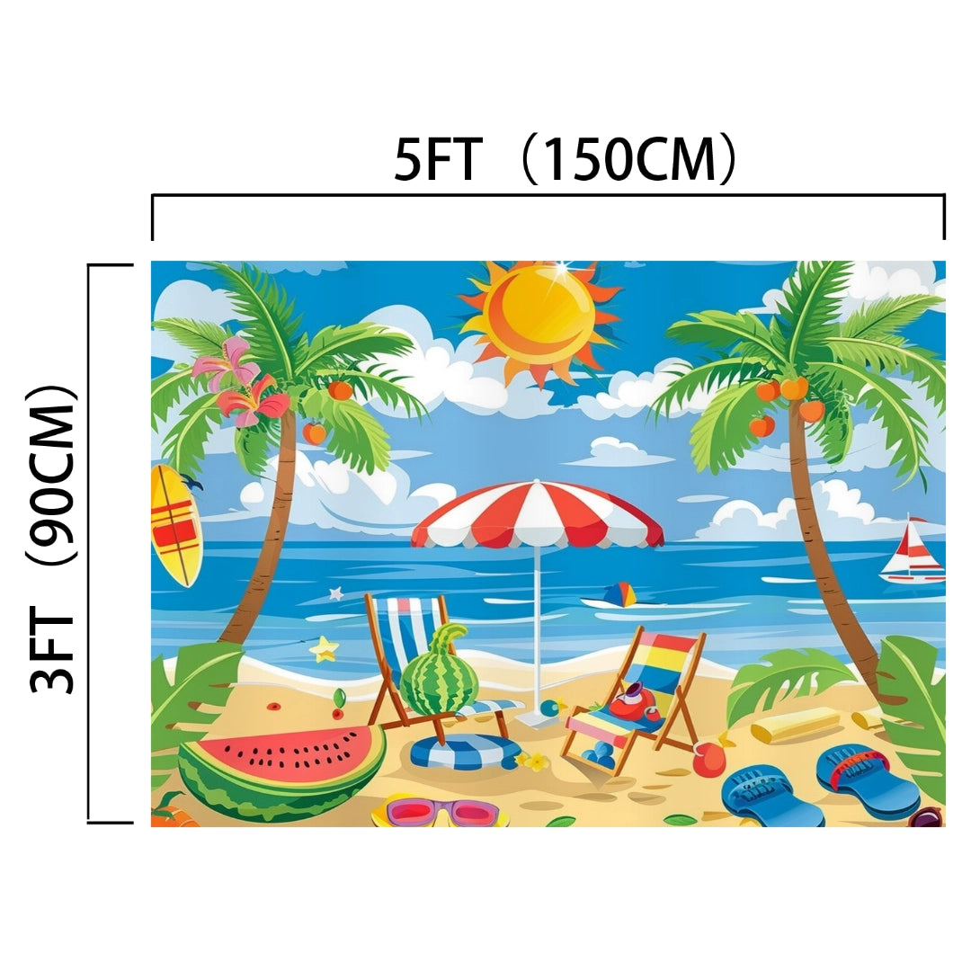 Illustrated tropical beach scene with palm trees, sun, Summer Beach Backdrop for Hawaiian Party -ideasbackdrop, beach umbrellas, chairs, surfboard, sailboat, and scattered items like slippers, sunglasses, and watermelon—perfect for photographic endeavors and visual storytelling by ideasbackdrop.