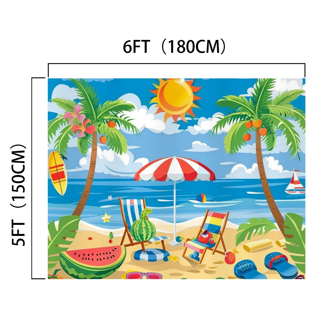Illustrated tropical beach scene with palm trees, sun, Summer Beach Backdrop for Hawaiian Party -ideasbackdrop, beach umbrellas, chairs, surfboard, sailboat, and scattered items like slippers, sunglasses, and watermelon—perfect for photographic endeavors and visual storytelling by ideasbackdrop.