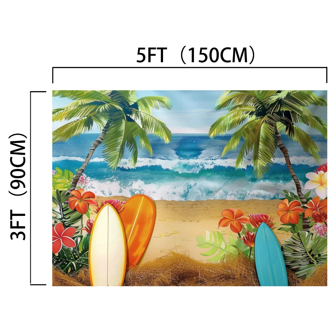 Three colorful surfboards are placed upright in the sand in front of a Summer Beach Ocean Backdrops for Photography -ideasbackdrop featuring palm trees, ocean waves, and various tropical flowers surrounding the area by ideasbackdrop.