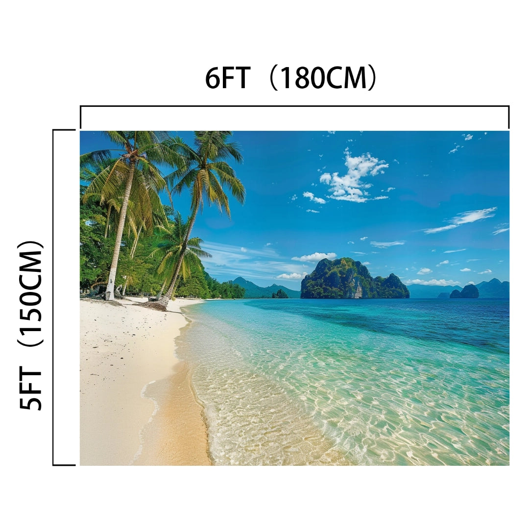 Experience a seaside escape with the Summer Beach Photography Backdrop Hawaii -ideasbackdrop by ideasbackdrop, showcasing clear blue water, white sand, palm trees, and distant rocky islands. This high-definition clarity image measures 6 feet (180 cm) wide and 5 feet (150 cm) tall.