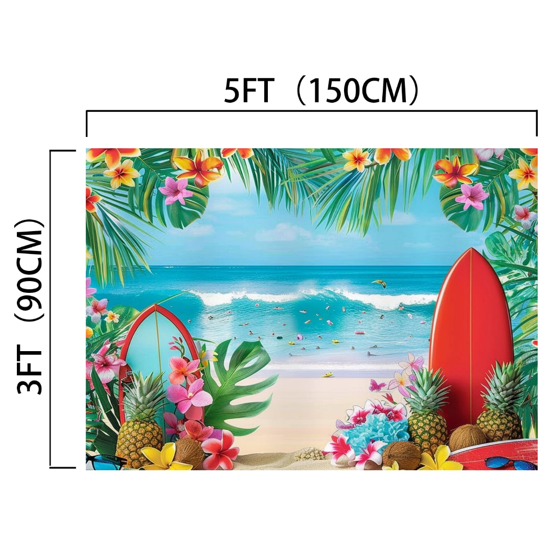 A Summer Flower Tropical Beach Photo Background -ideasbackdrop featuring a colorful scene with tropical flowers, greenery, pineapples, and surfboards. This high-definition backdrop is labeled with dimensions of 5 feet (150 cm) by 3 feet (90 cm).