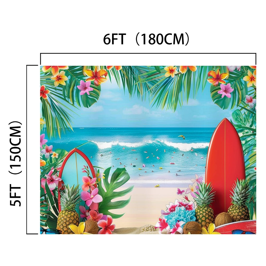 Illustration of a beach scene with surfboards, tropical flowers, and pineapples on the sand. Waves and surfers are visible in the blue ocean, bordered by green foliage above. With high-definition detail, this Summer Flower Tropical Beach Photo Background -ideasbackdrop by ideasbackdrop measures 6ft by 5ft.