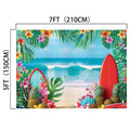 A beach scene with surfboards, tropical flowers, fruits, and palm leaves set against a backdrop of waves and a clear blue sky. This Summer Flower Tropical Beach Photo Background -ideasbackdrop by ideasbackdrop measures 7 feet by 5 feet (210 cm by 150 cm), capturing every detail in high-definition for a natural dynamic backdrop.