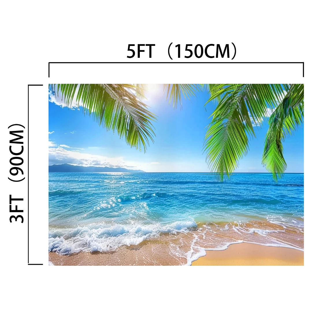A Summer Hawaii Palm Trees Aloha Beach Backdrop - ideasbackdrop featuring palm leaves, blue ocean waves, and a sunny sky. Dimensions: 150cm wide by 90cm high. Perfect for professional shoots with lifelike detail.