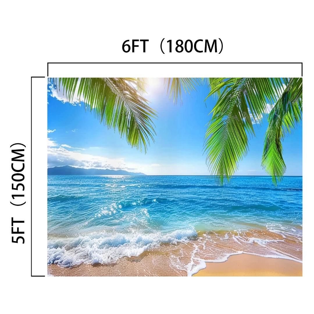 A vibrant beach scene with lifelike detail, featuring turquoise waves, a sandy shore, and palm leaves under sunlight. This Summer Hawaii Palm Trees Aloha Beach Backdrop -ideasbackdrop by ideasbackdrop measures 6 feet (180 cm) wide by 5 feet (150 cm) tall, perfect for professional shoots.