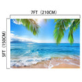 A tropical beach scene with palm leaves in the foreground, blue ocean waves, and a sunny sky. The Summer Hawaii Palm Trees Aloha Beach Backdrop -ideasbackdrop is perfect for professional shoots. Dimensions are 7 feet (210 cm) by 5 feet (150 cm).
