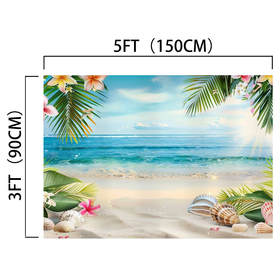 A vivid beach backdrop with flowers, palm leaves, seashells on the sand, a blue ocean, and a sky with clouds, measuring 5 feet wide and 3 feet tall, the Summer Hawaiian Aloha Photography Background by ideasbackdrop.