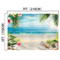 Backdrop featuring a vivid beach scene with seashells and tropical flowers on the sand, palm leaves framing the view, and a calm ocean under a blue sky. This high-definition Summer Hawaiian Aloha Photography Background -ideasbackdrop by ideasbackdrop measures 7 feet by 5 feet (210 cm by 150 cm).