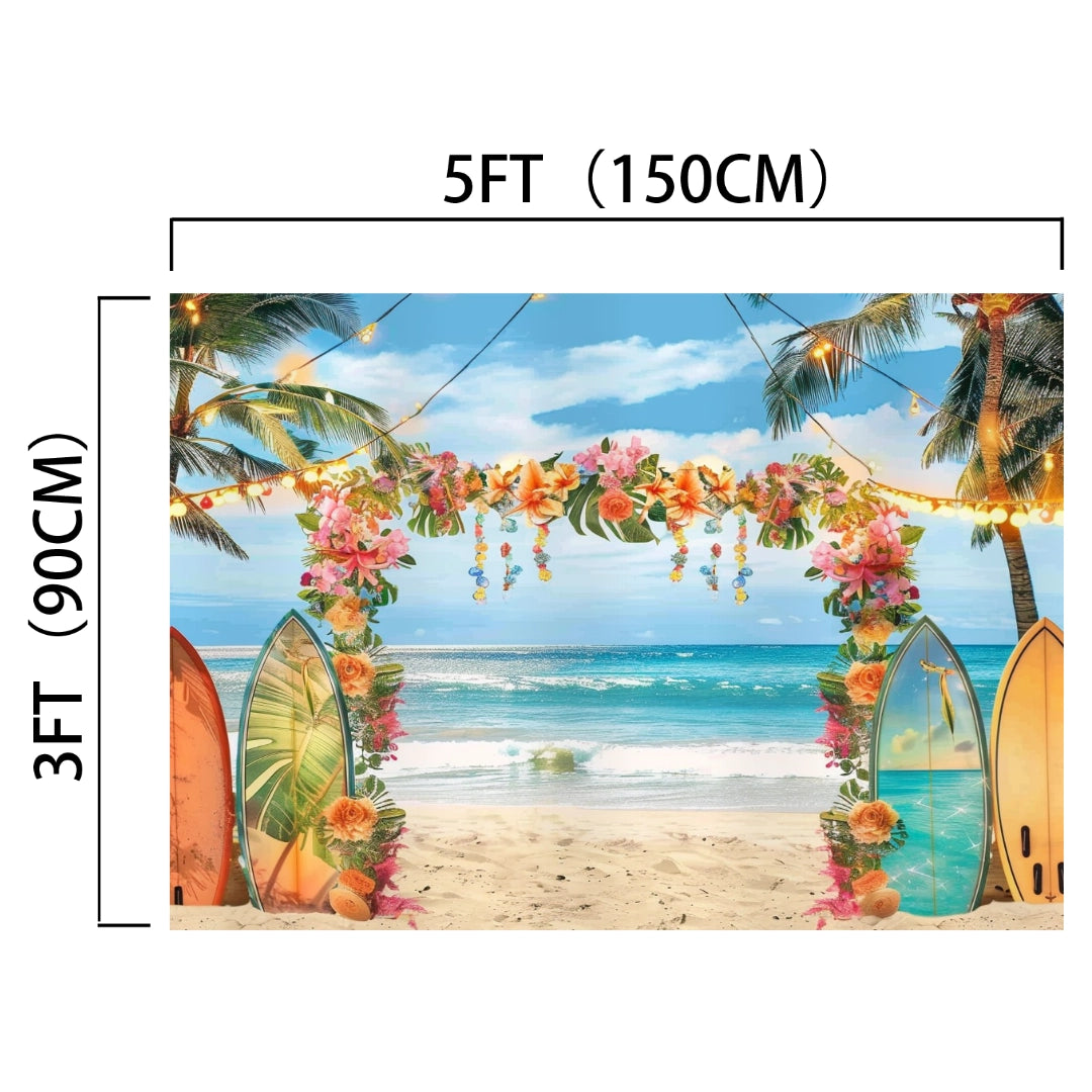 A tropical paradise beach scene with a floral arch, surfboards, and string lights. The dimensions 5 feet (150 cm) by 3 feet (90 cm) are shown. Palms and ocean waves shimmer in the background under a blue sky—a perfect ideasbackdrop Summer Hawaiian Beach Photography Backdrop-ideasbackdrop for product photography.