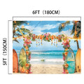 Backdrop featuring a tropical paradise beach scene with surfboards, an archway decorated with flowers, string lights, palm trees, and a clear blue ocean. Dimensions are 6 feet by 5 feet (180 cm by 150 cm). Ideal for Summer Hawaiian Beach Photography Backdrop-ideasbackdrop by ideasbackdrop in product photography.