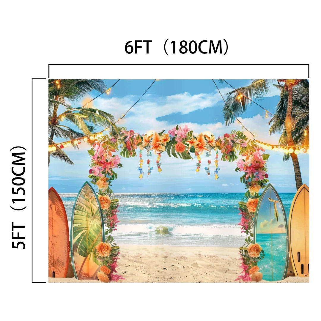 Backdrop featuring a tropical paradise beach scene with surfboards, an archway decorated with flowers, string lights, palm trees, and a clear blue ocean. Dimensions are 6 feet by 5 feet (180 cm by 150 cm). Ideal for Summer Hawaiian Beach Photography Backdrop-ideasbackdrop by ideasbackdrop in product photography.