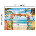 Summer Hawaiian Beach Photography Backdrop-ideasbackdrop by ideasbackdrop measuring 7 feet by 5 feet featuring a tropical paradise with surfboards, tropical flowers, and palm trees. Ideal for product photography, the backdrop has strings of lights and floral decorations forming an arch.