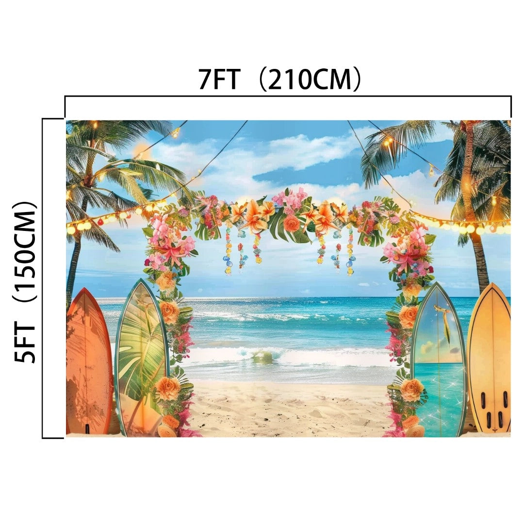 Summer Hawaiian Beach Photography Backdrop-ideasbackdrop by ideasbackdrop measuring 7 feet by 5 feet featuring a tropical paradise with surfboards, tropical flowers, and palm trees. Ideal for product photography, the backdrop has strings of lights and floral decorations forming an arch.
