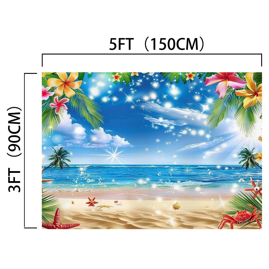 A digitally illustrated beach scene with palm trees, colorful flowers, starfish, and sparkling effects under a bright blue sky with clouds and ocean waves evokes the charm of an ideasbackdrop Summer Hawaiian Tropical Beach Backdrop.