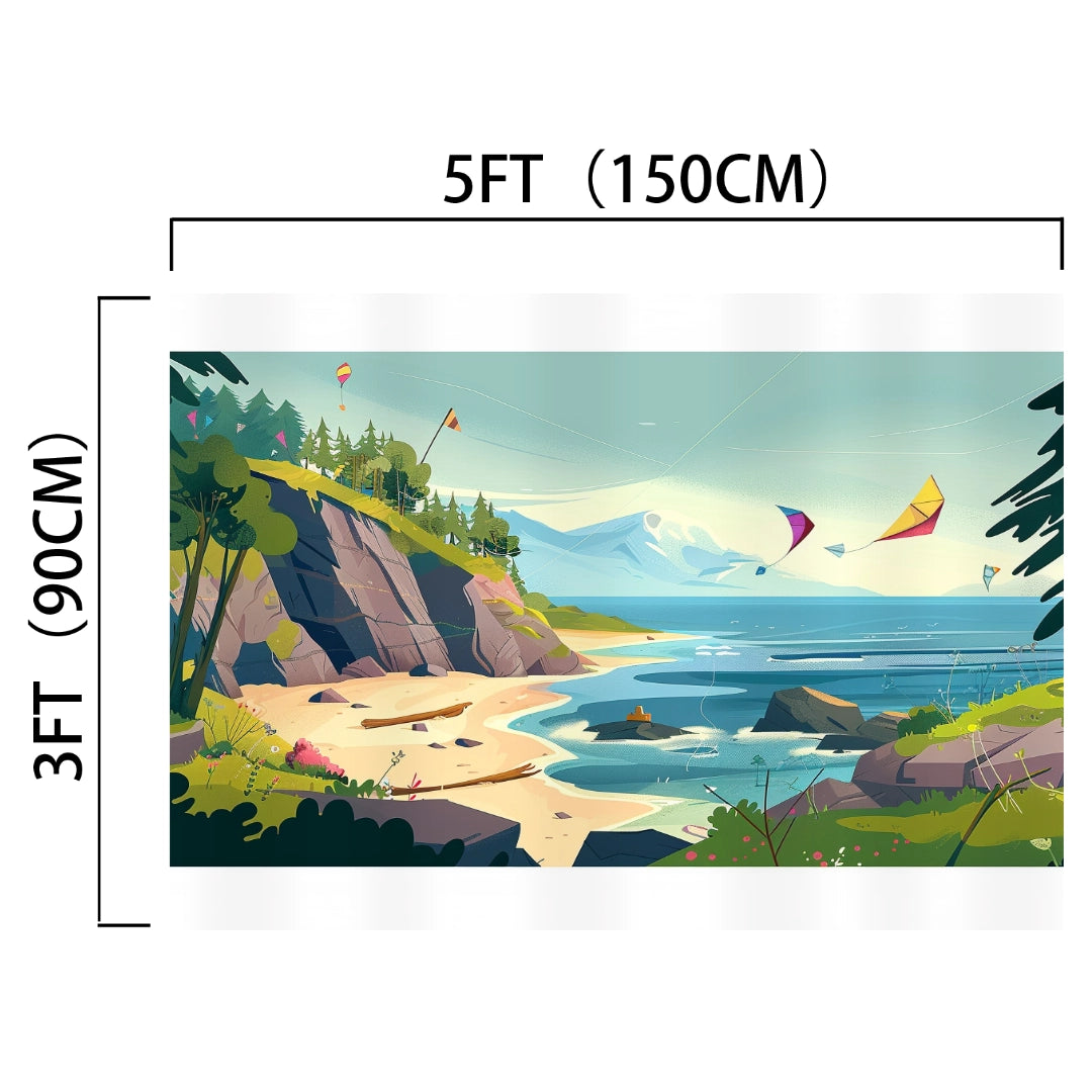 Illustration of a coastal paradise with kites flying, a sandy beach, rocks, and trees. The image dimensions are labeled 5 feet (150 cm) wide and 3 feet (90 cm) tall, showcasing high-definition detail for an ideasbackdrop Summer River Pine Trees Beach Backdrop -ideasbackdrop.