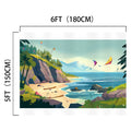 Illustration of a coastal paradise with cliffs, trees, and flowers. Kites are flying in the sky above the beach. The Summer River Pine Trees Beach Backdrop -ideasbackdrop by ideasbackdrop showcases high-definition detail. Image dimensions are 6 feet (180 cm) by 5 feet (150 cm).