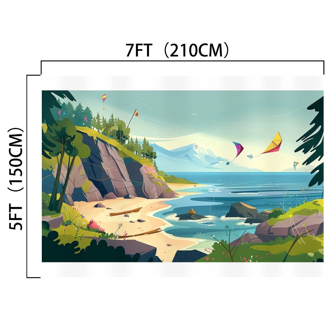 Illustration of a coastal paradise with a rocky beach, kites in the sky, and mountains in the background. The Summer River Pine Trees Beach Backdrop -ideasbackdrop measures 7ft (210cm) wide and 5ft (150cm) tall, capturing every high-definition detail.