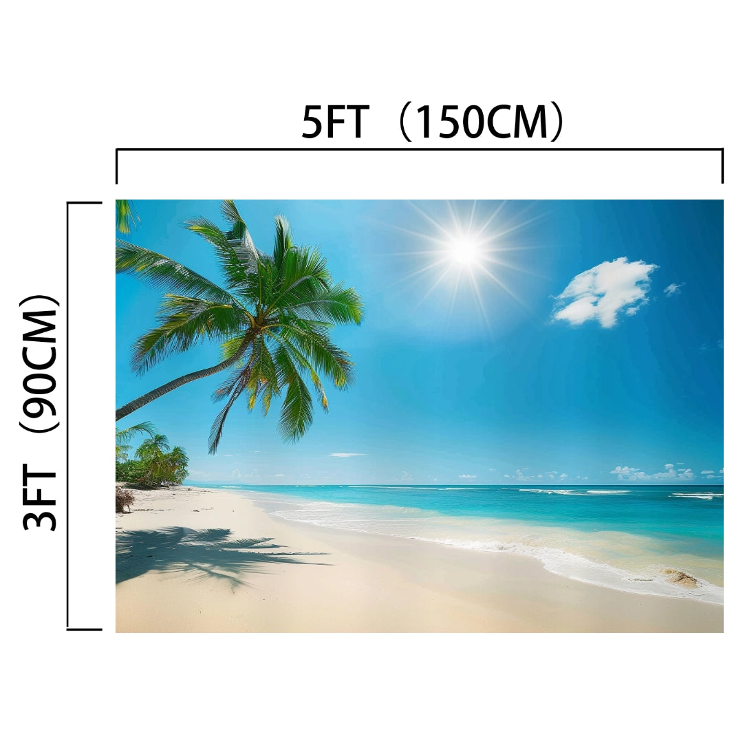 A lifelike beach scene poster, measuring 5 feet by 3 feet (150 cm by 90 cm), features a palm tree, blue sky, and sunlight reflecting on the sea. This Summer Seaside Tropical Sand Beach Backdrop -ideasbackdrop from ideasbackdrop brings a touch of paradise to any room.