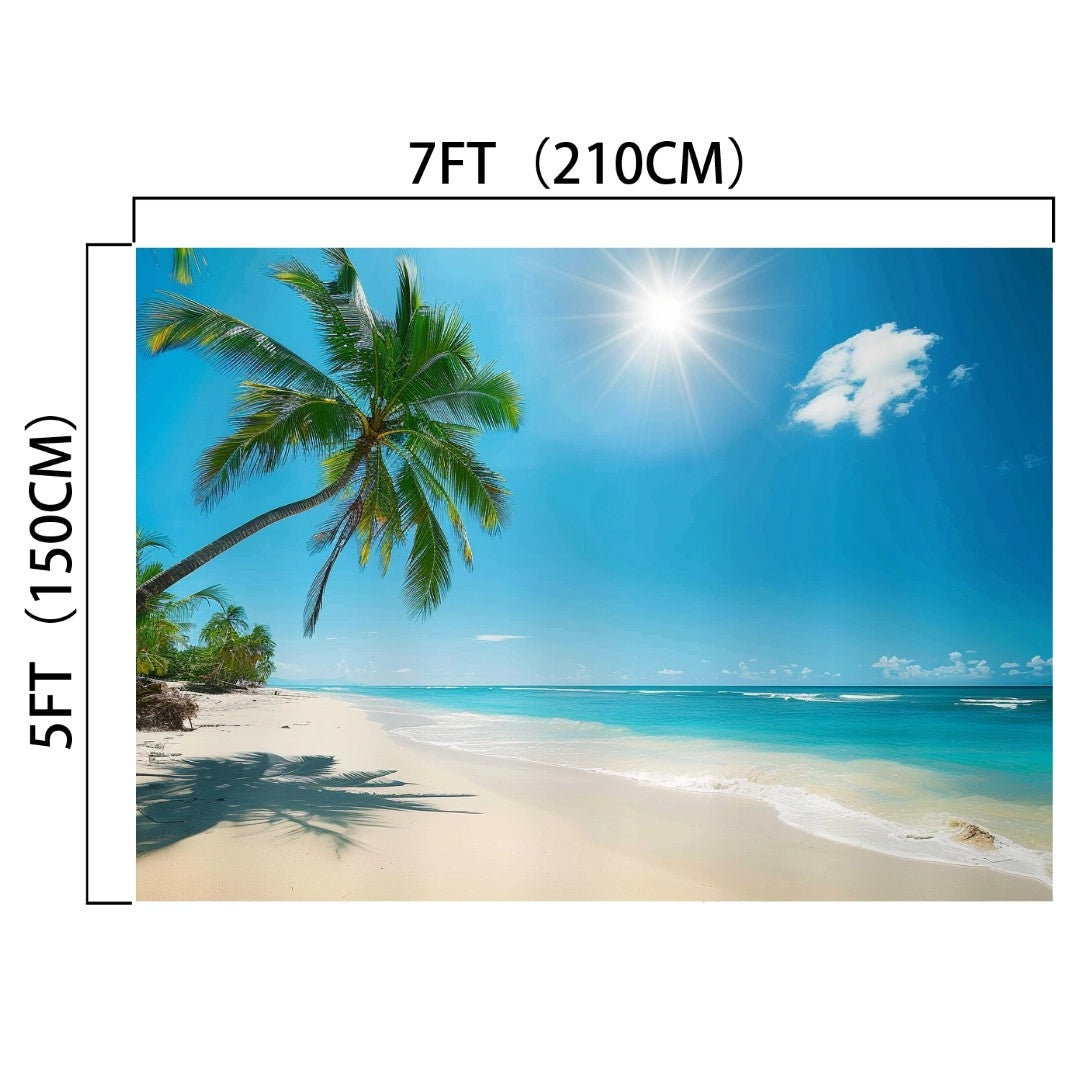 A lifelike beach scene featuring palm trees, a clear blue sky, and a shining sun. This Summer Seaside Tropical Sand Beach Backdrop by ideasbackdrop captures the essence of paradise with photography-level detail. Image dimensions are 7 feet (210 cm) wide and 5 feet (150 cm) high.