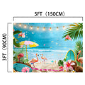 Backdrop featuring a lifelike coastal scene with flamingos, surfboards, tropical flowers, and string lights under a bright blue sky. This Summer Tropical Flamingo Beach Backdrop -ideasbackdrop by ideasbackdrop measures 5 feet (150 cm) in width and 3 feet (90 cm) in height.