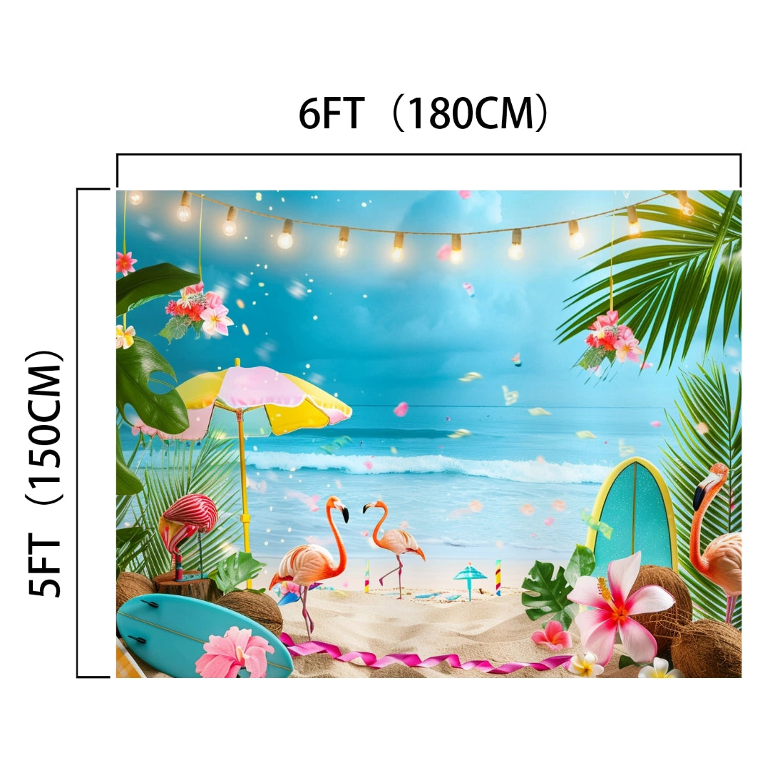 Background with a beach scene featuring flamingos, surfboards, a yellow umbrella, string lights, flowers, and palm leaves. This Summer Tropical Flamingo Beach Backdrop -ideasbackdrop by ideasbackdrop captures a lifelike coastal scene with image dimensions labeled as 5 feet by 6 feet (150 cm by 180 cm).