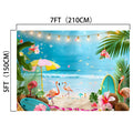 A lifelike coastal scene backdrop measuring 7 feet by 5 feet, featuring flamingos, surfboards, flowers, and festive lights against an ocean and sky background is the Summer Tropical Flamingo Beach Backdrop from ideasbackdrop.