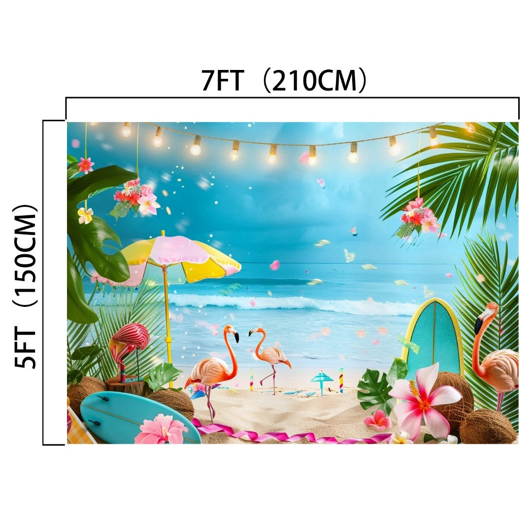 A lifelike coastal scene backdrop measuring 7 feet by 5 feet, featuring flamingos, surfboards, flowers, and festive lights against an ocean and sky background is the Summer Tropical Flamingo Beach Backdrop from ideasbackdrop.